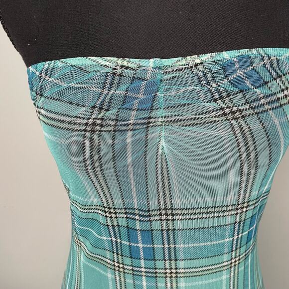 Urban Outfitters Mini Dress Womens Size M Green Plaid Sheer Strapless - Picture 6 of 6